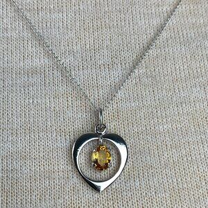 Vintage Sterling Modernist Heart Dangling Orange Gemstone Pendant Necklace 18"